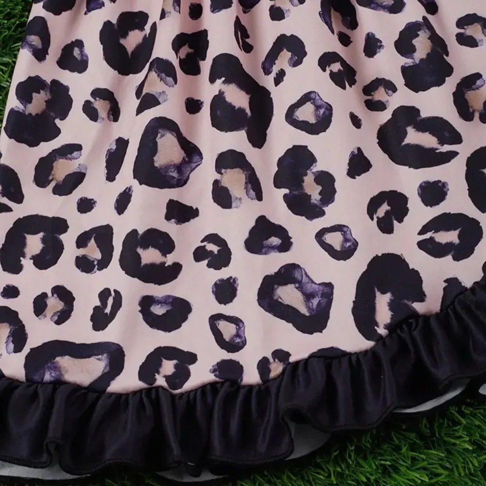 Pink and Black Animal Print Ruffle Short Sleeve Dress with Bow NWOT